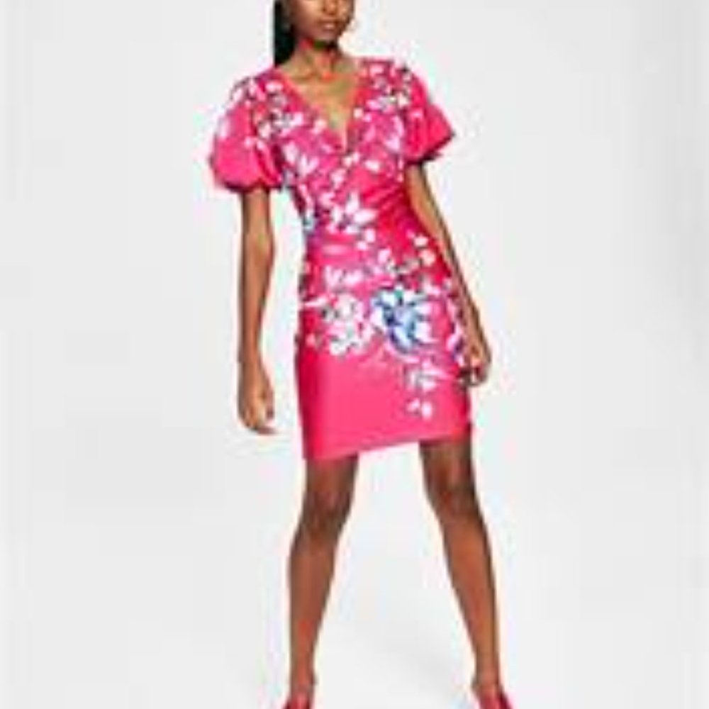 GUESS Plunge-Neck Puff-Sleeve Dress